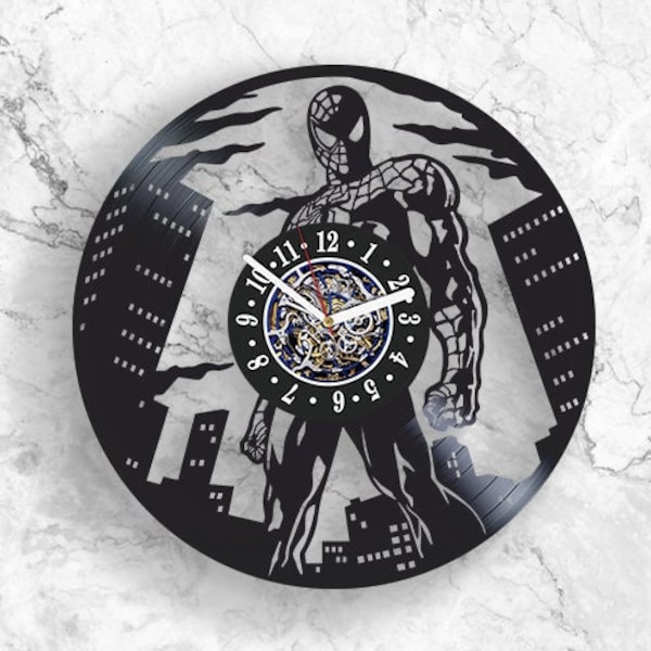 Spider-Man Superheld Vinyl Schallplatte Schwarz Uhr Marvels Geschenke für Männer Spider-Man Wandkunst handgemachte Deko für Kinderzimmer Xmas Geschenk für Ehemann