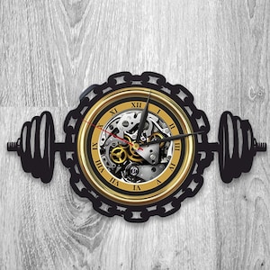 Gimnasio Vinilo Disco Minimalista Reloj de pared Amante del fitness Decoración del gimnasio para el gimnasio en casa Entrenamiento Obras de arte Moderno Barbell Gym Regalo de Navidad para papá