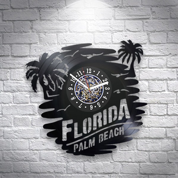 Florida Palm Beach Vinyl Record Wall Clock 12" Modern Home Decor Original Gift for Family Wall Hanging Art
