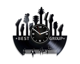 Guitarras Banda de música Disco de vinilo Reloj de pared Reloj de pared 12 "Decoración vintage única para el hogar Regalo del día de San Valentín para él Obras de arte hechas a mano