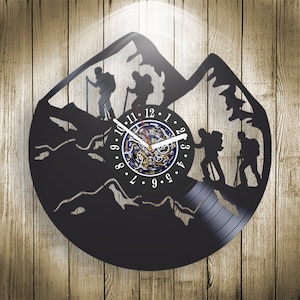 Mountain Lover Vinyl Record Laser Cut Wall Clock Travel Lover Gift For Men Contemporary Decor For Home Climber Art First Home Gift For Him