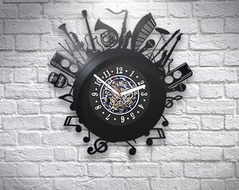 Music Instruments Vinyl Record Wall Clock 12" Unique Music Lovers Decor Vintage Gift for Women Wall Art Items