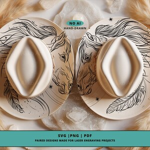May include: Two cream-colored plates with black horse head designs and a cream-colored hat. The plates have a feather and star design. The image includes the text "NO AI HAND-DRAWN" and "SVG | PNG | PDF PAIRED DESIGNS MADE FOR LASER ENGRAVING PROJECTS."