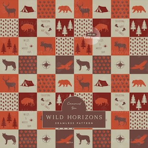 May include: A seamless pattern featuring a grid of squares with illustrations of deer, bears, wolves, eagles, bison, moose, tents, pine trees, compasses, and paw prints in shades of red, dark red, and beige, with text reading Wild Horizons.