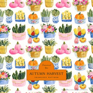 May include: A seamless pattern featuring illustrations of pumpkins, baskets of flowers, and various vegetables in containers. An orange rectangular label in the center displays the text: Commercial Use, AUTUMN HARVEST, SEAMLESS PATTERN.