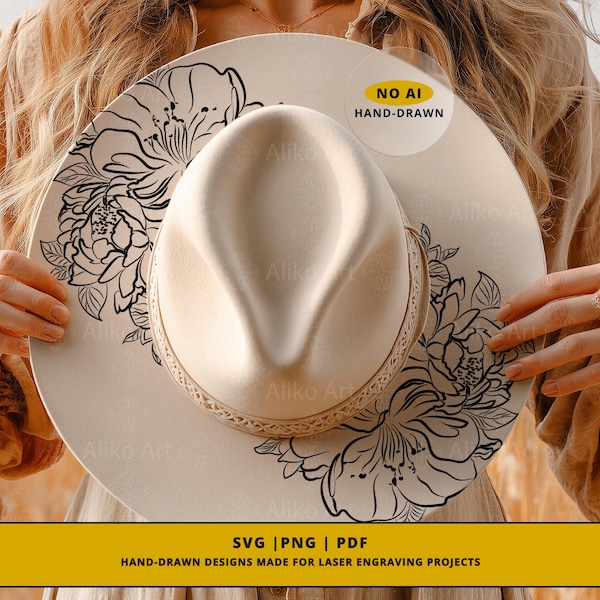 Floral Hat Pyrography Stencil: Peony Line-Art Design (SVG PNG File)