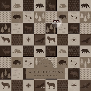 May include: A seamless pattern featuring a grid of brown and tan squares with illustrations of bears, deer, wolves, eagles, bison, tents, pine trees, compasses, and paw prints. Text includes "Collecting trails not emails" and "My GPS is mostly hope."