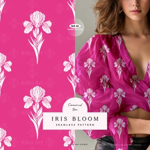 Vibrant Pink Iris Seamless Repeat Pattern for Fabric Prints, Feminine Textile Projects Digital Paper