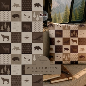 Camping Wildlife Quilt Block Seamless Pattern With Forest Animals Rustic Outdoor Adventure Woodland Icons Design