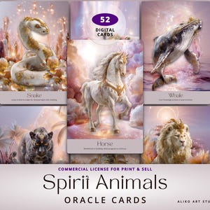 Puede incluir: Un juego de cartas Oracle de Animales Espirituales con ilustraciones de una serpiente, un caballo, una ballena, una pantera y un león. Las cartas tienen un tema de fantasía con un fondo suave y etéreo. El texto "52 DIGITAL CARDS" es visible.