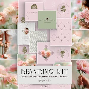 May include: A branding kit for florists, featuring logos, graphics, patterns, frames, and images. The design elements include floral illustrations, geometric patterns, and a soft color palette of pink, green, and white. The text "BRANDING KIT" is displayed prominently.