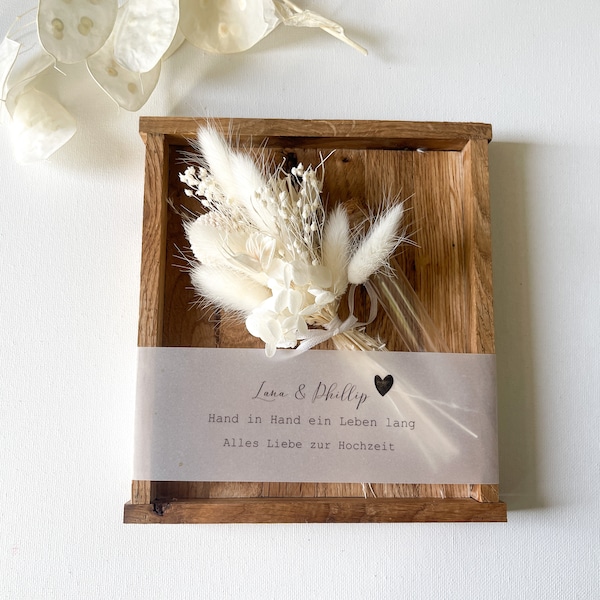 Geldgeschenk zur Hochzeit mit Trockenblumen, personalisiertes Geschenk für das Brautpaar, Holz, Hochzeitsgeschenk mit Bouqet