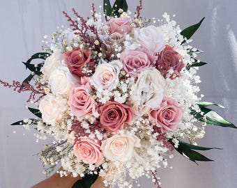 Long-lasting bridal bouquet made of dried flowers and infinity roses | Maid of honor bracelet | Groom's boutonniere | Hair accessory