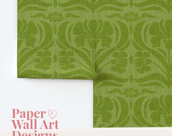 May include: Green wallpaper with a repeating floral pattern. The design features stylized flowers and leaves in varying shades of green. The text "Paper Wall Art Designs" is visible in the lower left corner.