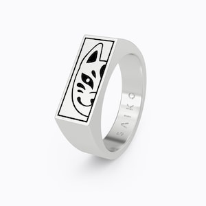 Kitsune Mask Signet Ring, Japanese Fox Design, Tattoo Art Inspired, Unisex Silver Stainless Steel Jewellery, Accessory, Minimal, Stackable