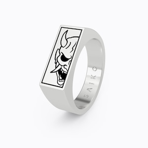 Oni Mask Signet Ring, Japanese Demon Art Design, Unisex Silver Stainless Steel Jewellery Accessory, Small Minimalist Gift, Stackable Piece