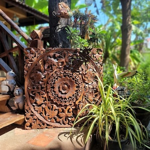 Square varnished mandala,Natural teak wall panel, hand carved, wall hanging, artistic, ornate, Thai, interior, housewarming gift,