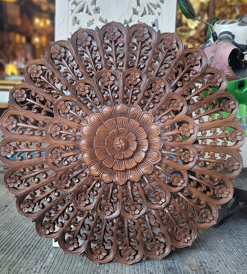 Round Varnished Mandala,natural Teak Wall Panel, Hand Carved, Wall