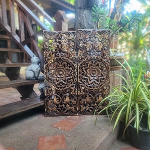 Natural teak wall panel, hand carved, wall hanging, artistic, ornate, Thai, interior, housewarming gift, Southeast Asian mandala style