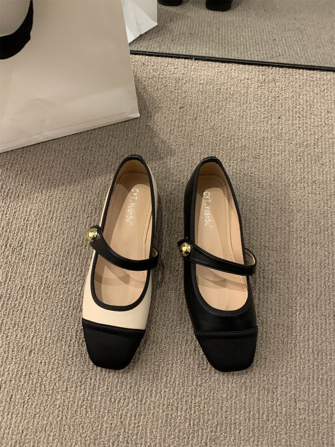 Women Black/beige Mary Jane Shoes Women Round Toe Ballet Etsy