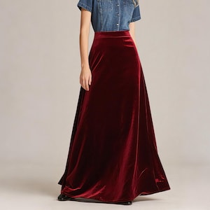 Velvet Maxi Skirt With Tiered Ruffles – Deep Wine Red, Soft Drape, Elegant Statement Skirt For Fall & Winter Outfits| Autumn skirt