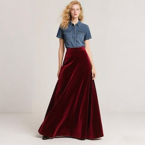 Elegant Wine Red Velvet Maxi Skirt With Ruffle Tiers, High Waist A-Line Long Skirt, Winter Holiday Statement Piece| Spring and autumn skirts