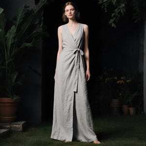 Women Linen Wrap Dress Custom Sleeveless Maxi Dress with Waist Tie Minimalist Boho Summer Linen Dress Soft Linen Clothing V neck Wrap Dress