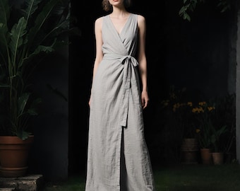 Women Linen Wrap Dress Custom Sleeveless Maxi Dress with Waist Tie Minimalist Boho Summer Linen Dress Soft Linen Clothing V neck Wrap Dress