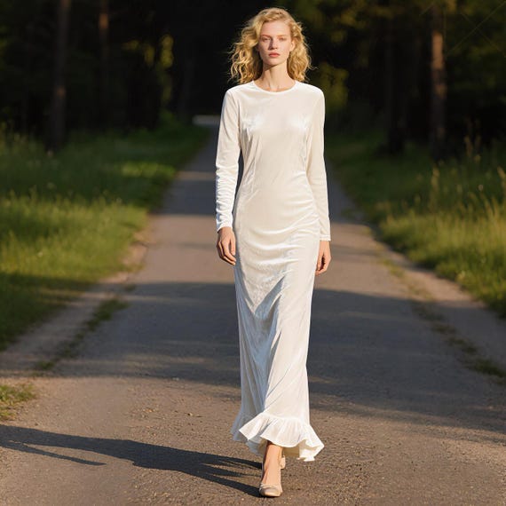 white velvet dress design White Velvet Maxi Dress Women Long Sleeve Crew Neck Dress with Back Slit  and Ruffle Hem Winter Bridal Reception Custom Fall Winter Dress