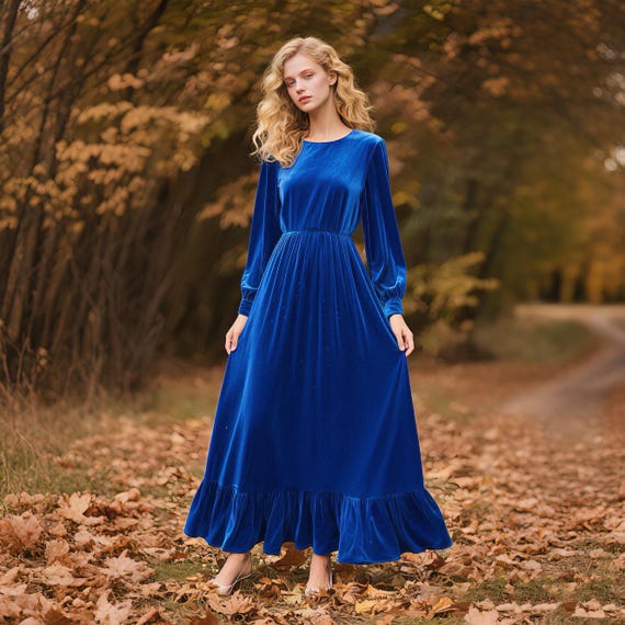 Royal Blue Velvet Maxi Dress Fall Winter Dress Long Sleeve A-line Dress  With Ruffle Hem Winter Wedding Guest Holiday Party Custom Dress