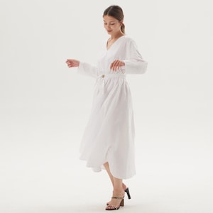 Women Long Sleeves Cotton Dress Maxi Dress with Belt Soft Casual Loose Dress with Pockets V Neck Custom Dress Spring Summer Plus Size Dress