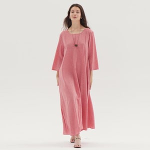 3/4 Sleeves Soft Linen Loose Dress with Side Pockets, Round Neck Customized Dress, Spring Summer Fall Plus Size Dress, Plus Size Clothing