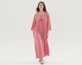 3/4 Sleeves Soft Linen Loose Dress with Side Pockets, Round Neck Customized Dress, Spring Summer Fall Plus Size Dress, Plus Size Clothing