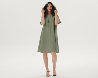 Linen Dress with Pockets A-Line Dress with Short Sleeves Hooded Casual Summer Dress Loose Dress Linen Midi Dress Women Dress Custom Dress