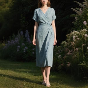 Women Wrap Linen Midi Dress with Pockets Elegant Soft Cottagecore Dress Summer V-Neck Dress with Back Slit Elegant Handmade Custom Dress