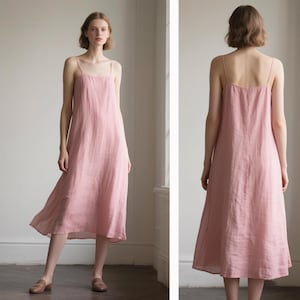 Linen Slip Dress with Adjustable Spaghetti Straps Minimalist Midi Sundress with Side Pockets Custom A-Line Linen Dress Summer Casual Dress