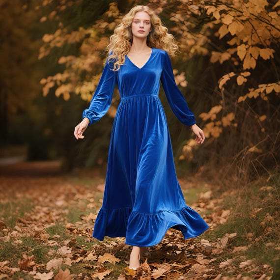 Royal Blue Velvet Maxi Dress V-Neck Long Bishop Sleeves Dress with Ruffle Hem Fall Winter Dress Wedding Guest, Holiday Party Custom Dress Royal Blue Velvet Maxi Dress V-Neck Long Bishop Sleeves Dress with Ruffle Hem Fall Winter Dress Wedding Guest, Holiday Party Custom Dress