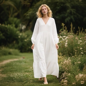 White Linen Maxi Dress with Balloon Sleeves V Neck Tiered Long Dress Loose Flowy Cottagecore Dress with Pockets Custom Spring Fall Dress