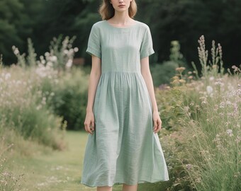 Linen Midi Dress with Pockets Short Sleeve Summer Dress Soft Flowy Dress Loose Casual Dress Cottagecore Dress for Women Handmade Linen Dress