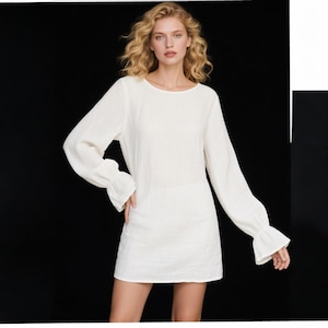 Custom Linen Mini Dress Round Neck Flare Bell Sleeve Loose Fit Linen Dress with Pickets Beach Cover Up Summer Fall Elegant Dress For Women