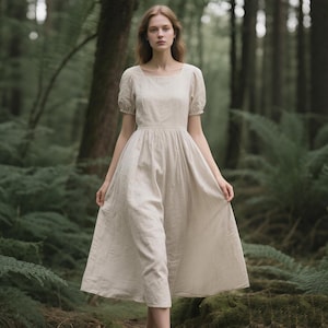 Linen Dress Custom Puff Sleeve Square Neck Cottagecore Midi Dress Women Linen Summer Dress Romantic Vintage Dress Handmade Minimalist Dress