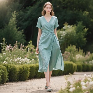 Linen Wrap Midi Dress with Belt and Pockets V-Neck Short Sleeve Summer Dress Custom Linen Dress for Women Elegant Linen Dress Vacation Dress