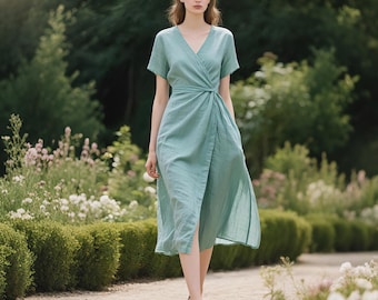 Linen Wrap Midi Dress with Belt and Pockets V-Neck Short Sleeve Summer Dress Custom Linen Dress for Women Elegant Linen Dress Vacation Dress