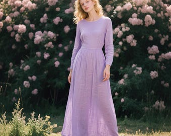 Robe longue en lin pour femme, robe à manches longues, col rond, robe faite main, robe cottage avec poches, robe personnalisée, robe de vacances printemps-automne