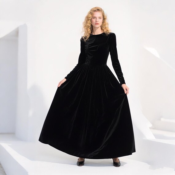 navy blue dress for baby girl A-Line Black Velvet Long Prom Dress, Black Long Evening Dress – dresstby