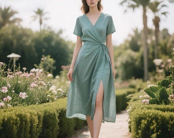 Wrap Linen dress Short sleeve Linen Wrap Dress with Waist Tie Summer Linen Midi dress Womens Dress Short Linen dress Handmade Linen dress