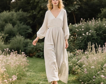 Linen Maxi Dress with Elastic Waist Handmade Long Sleeve V Neck Dress Boho Cottagecore Dress with Pockets Spring Fall Dress Custom Dress