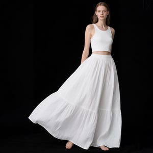White Linen Maxi Skirt Tiered Long Skirt with Elastic Waist Flowy Boho Summer Skirt for Women – Handmade Cottagecore Clothing Custom Skirt