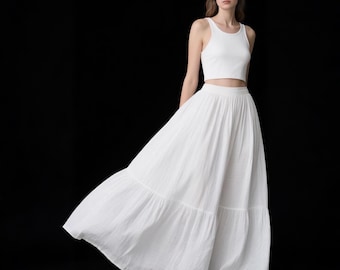 White Linen Maxi Skirt Tiered Long Skirt with Elastic Waist Flowy Boho Summer Skirt for Women – Handmade Cottagecore Clothing Custom Skirt