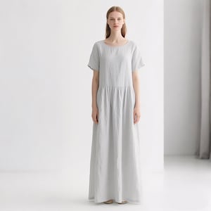 Women Linen Maxi Dress Short Sleeve Loose Fit Dress Minimalist Summer Linen Dress Cottagecore Handmade Dress Custom Dress Full Length Dress